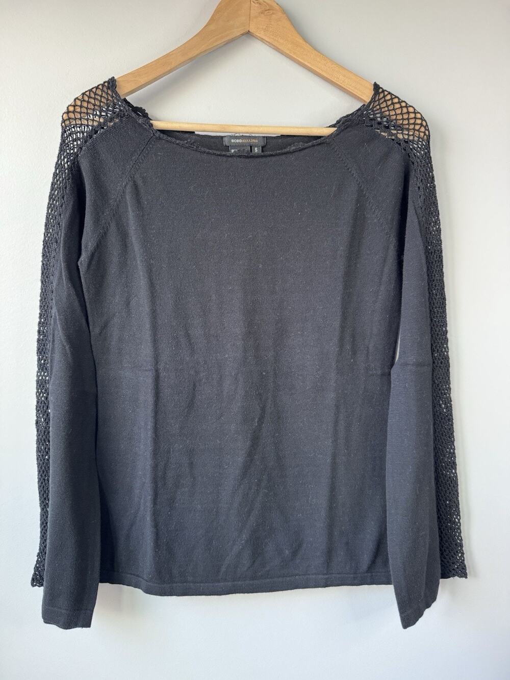 BCBG Maxazria Womens Size S 100% Cotton Sweater Crochet Sleeves Black